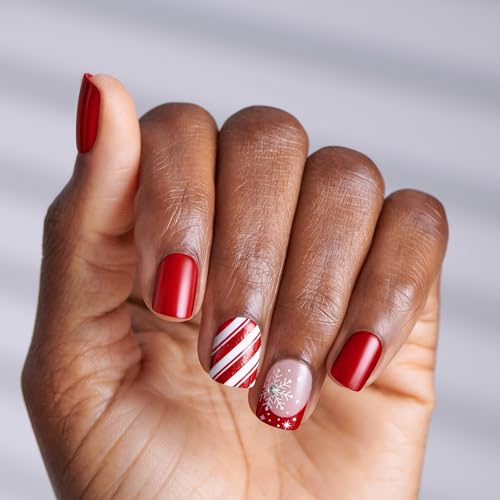 KISS imPRESS Holiday Press On Nails, ¡®Santa Baby¡¯, Red, Short Squoval, Improved Super Hold Adhesive, 30 Fake Nails, Prep Pad, Mini Nail File, & Manicure Stick