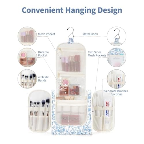 Narwey Large Hanging Toiletry Bag for Women Travel Makeup Bag Make up Organizer Toiletries Bag for Cosmetics Essentials Accessories (Large, Little Blue Flower)