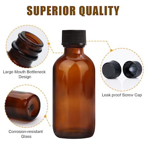 2 oz Amber Glass Bottles, Small Boston Round Glass Bottles (80 Pack) with Leak-proof Caps, Refillable Container for Homemade Extract, Essential Oils, Herbal Medicine and More