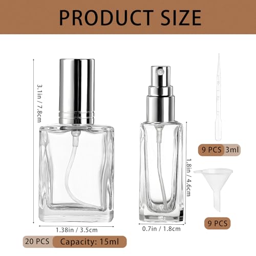20 Pack Clear Glass Perfume Bottle, 15ml Fine Mist Atomizer Spray Bottles, Empty Small Refill Fragrance Bottles with Droppers and Funnels for Travel Cleaning Face Body Essential Oil, Liquid