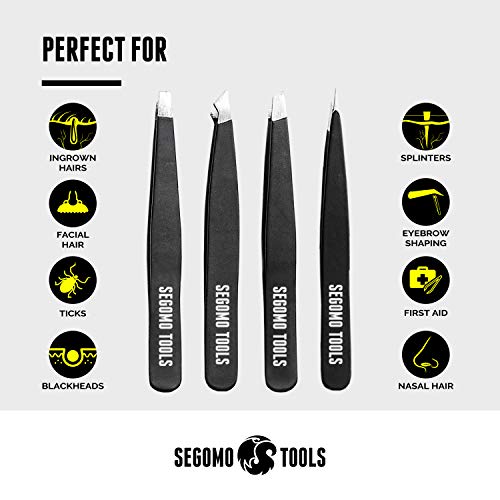 Segomo Tools 4 Piece Tweezer Set - Tweezers For Women - Ingrown Hair Removal Kit - Eyebrow Plucker - Precision Tweezers - Flat, Angled, Slant & Pointed Tweezers - TW004