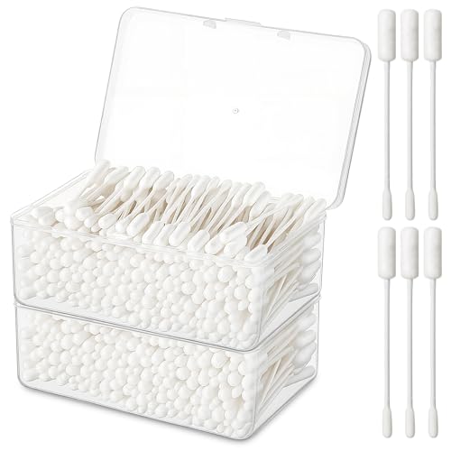 Lounsweer 400pcs Long Cotton Swabs with Storage Case 4'' Absorbent Double-Ended XL Cotton Buds with Large and Small Round Head Swabs for Dog Ear Cleaning, Gun Maintenance, Makeup, Pet Care