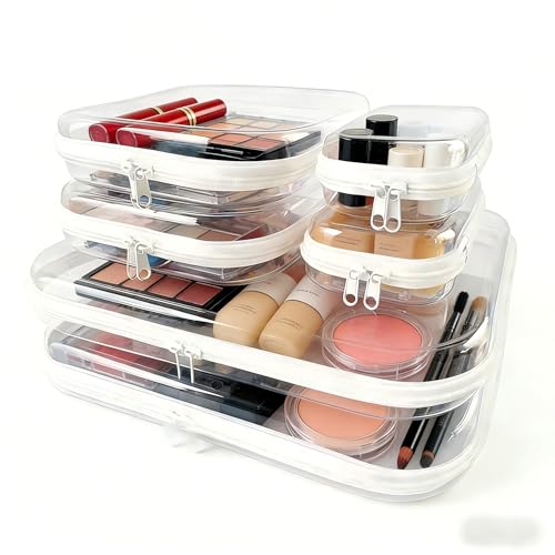 6Pcs/2L+2M+2S Clear Hard Shell Zippered Travel Case ? Plastic Organizer Pouch for Toiletries, Cosmetic Bag, Diaper Bag & Packing Accessories (White, Set D)