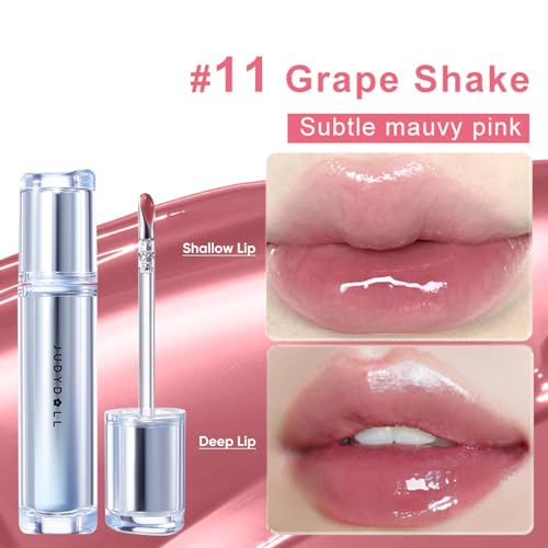 JUDYDOLL Ice Watery Lip Gloss, Moisturizing Liquid Lipstick with Hyaluronic Acid & Collagen, Non-sticky, No transfer Long-lasting Mirror Lip Glazes with Iron Applicator (11 Grape Shake, 2.4 grams)