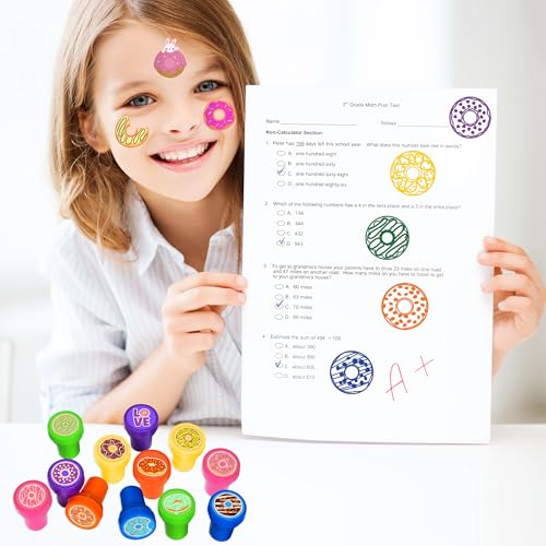 36PCS Donut Party Favors - 24PCS Temporary Tattoos & 12PCS Stamps - Ideal Sweet Doughnut Themed Birthday Card Decorations Supplies Goodie Bag Cute Rewards for Boys Girls Classroom Gifts Baby Shower