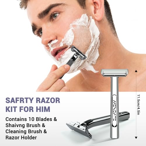 Adjustable 2-Blade Safety Razor Set with Magnetic Head for Men Women - with 10 Blades, Shave Brush - Precision Shaving, Reusable & Plastic-Free Shaver, for Beard, Head, Leg Shaving