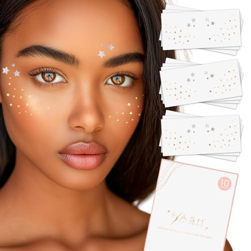 STARRY FRECKLES Set of 10 Premium Waterproof Metallic Foil Temporary Flash Tattoos - Party Favors, Temporary Tattoos, Freckles, Star Tattoos, Face Jewels