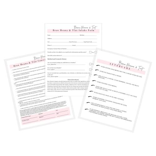 Brow Henna and Tint Intake Forms, Consent, and Aftercare Instruction Cards | 75 pk, 25 of Each | for Client Signature Medical History Information 8.5x11¡± A1