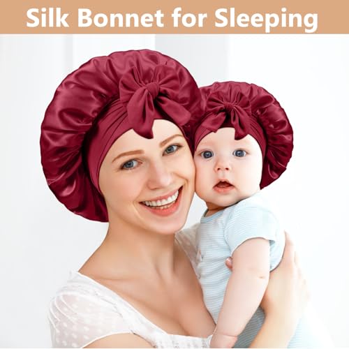 2 PCS Mommy and Me Bonnet Set,Silk Bonnet for Kids and Women,Satin Bonnets for Sleeping with Elastic Tie Band,Adjustable Hair Bonnets for Women Girl Kids Toddler Sleeping Caps(Red)