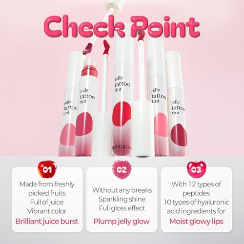 Berrisom Jelly Tattoo Tint, Long Lasting Korean Lip Stain with Jelly Texture, Transfer-Resistant Color, 3.8g / 0.13oz, 4 Shades (Strawberry)