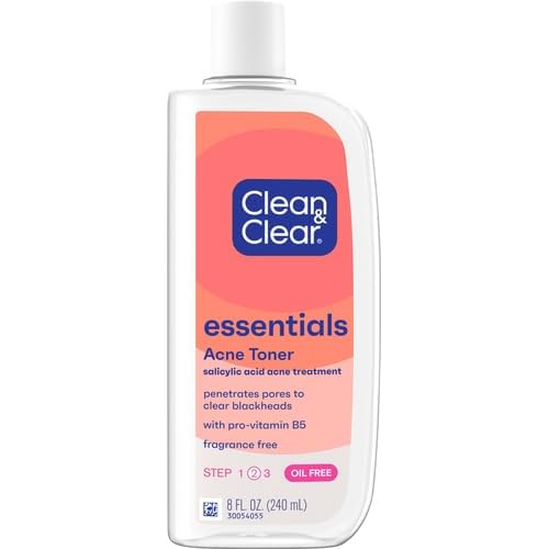 Clean & Clear Essentials Oil-Free Acne Toner, 2% Salicylic Acid Acne Treatment, Gentle Facial Toner for Pimples Cleanses Pores to Clear & Remove Blackheads, Fragrance Free, 8 fl. oz (Pack of 2)