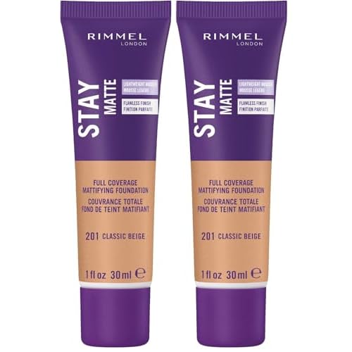 Rimmel London Stay Matte Liquid Mousse - 201 Classic Beige - Foundation,Lightweight,Shine Control,Oil-Free,1oz,(Pack of 2)