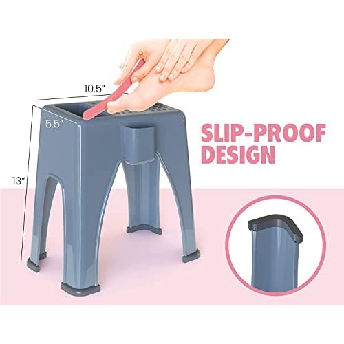 Skywin TidyFriend Shower Foot Rest 9.27 x 7 x 10 Inches, Plastic Pedicure Foot Rest, 3 Pockets Shower Stool for Shaving Legs Hold Shaving Essentials (Grey)