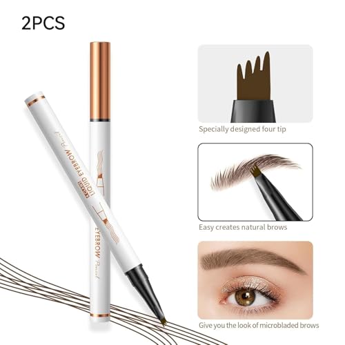 2 Pcs Microblading Eyebrow Pen, 2026 Upgraded 3D Waterproof 4-Tip Eyebrow Pencil, Natural Makeup Long-Lasting Fine Stroke Magic Eyebrow Pencil for Women Stay on All Day (Dark Brown(2 Pcs))