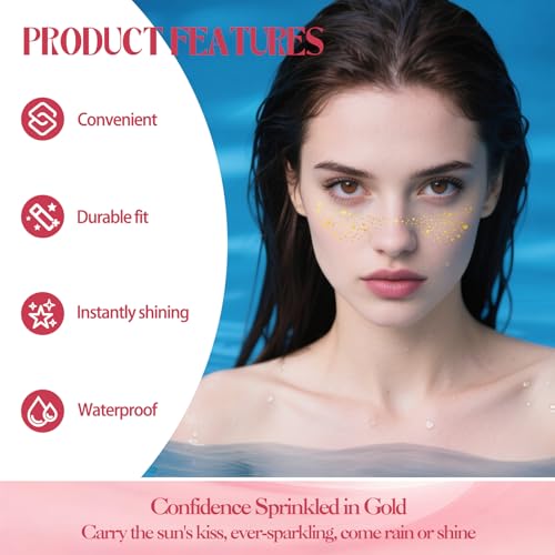Gold Glitter Freckles Face Tattoo, 15 Pcs Waterproof Gold Sparkle Freckle Temporary Tattoo, Freckles Face Tattoo Long Lasting Festive Glitter, Face Glitter Self Adhesive for Women Girls