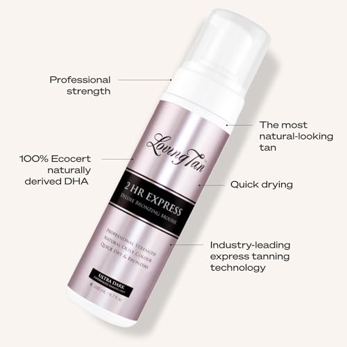 Loving Tan 2 HR Express Self Tanning Mousse, Ultra Dark - Streak Free, Natural, Professional Quality - 5+ Sunless Self Tanner Applications per Bottle, Cruelty Free, Naturally Derived DHA - 6.7 FL Oz