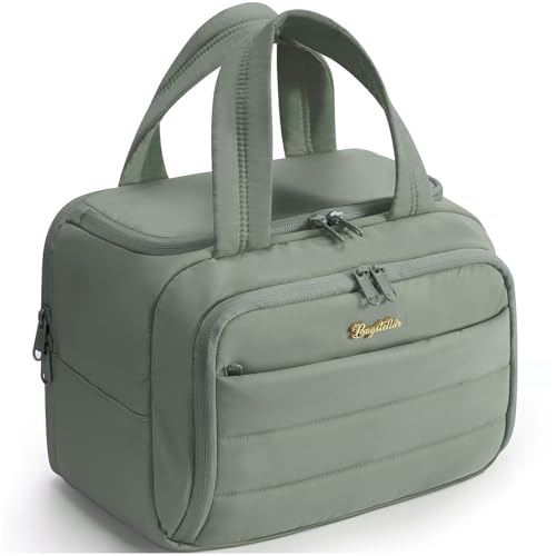 Travel Toiletry Bag for Women, Lightweight Large Quilted Puffy Makeup Bag Wide-open Make up Organizer Cloud Cosmetic Bag w/Handle for Traveling Toiletries Essentials Accessories Sage Green