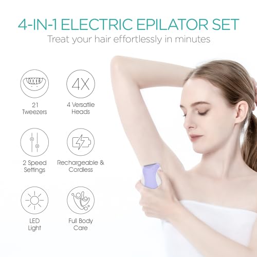 4-in-1 Electric Cordless Epilator for Women 21 Tweezers Purple and Green