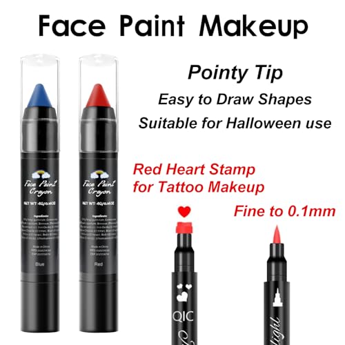 Face Paint Kit for Halloween Harley Quinn Cosplay Party Makeup for Women Girls, Red & Blue Face Body Painting Cream Blendable Sticks Red Liquid Eyeliner Stamp Pen Accessories Set
