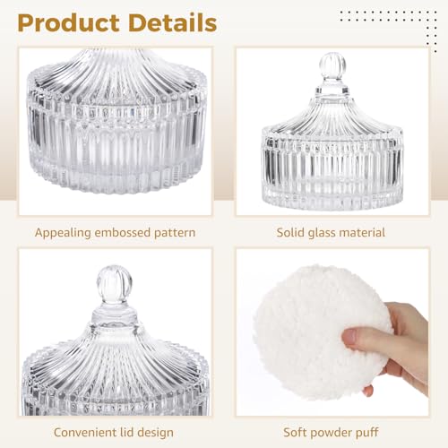 2 PCS Large Body Powder Puff with Glass Container Set, Soft Washable Puff Set for Face & Body, Reusable Puff with Ribbon Band for Makeup Glitter Application, After-Bath Care