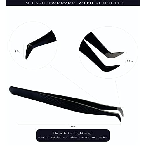 M LASH Tweezers for Eyelash Extensions (Set of 4) - Professional Lash Extension Tweezers - Fiber Tip, Japanese Steel, Diamond Grip Eyelash Extension Tweezer (Black)