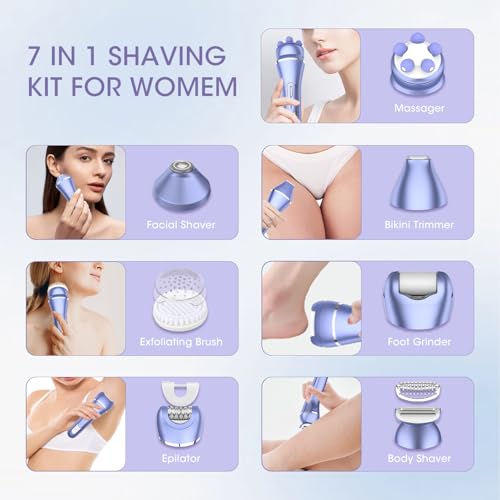 Electric Shavers for Women, 7 in 1 Hair Removal Kit with Epilator Bikini Trimmer Face Razor Body Brush Face Massager Foot Callus Remover, IPX7 Waterproof Lady Razors Set for Legs Armpit Bikini Pubic