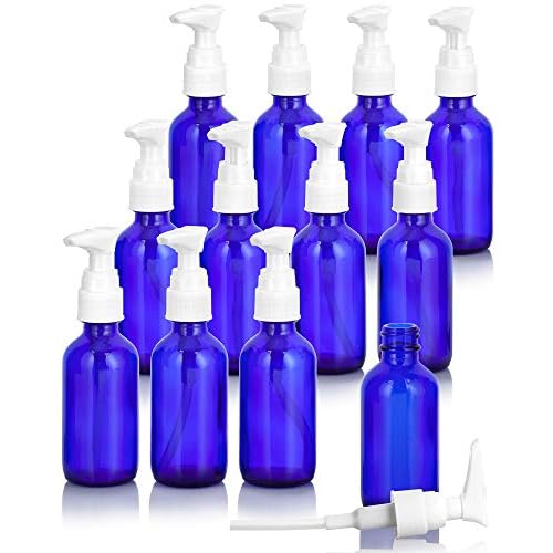 (12 Pack) 2 oz Blue Cobalt Glass Boston Round Bottle with White Lotion Pump