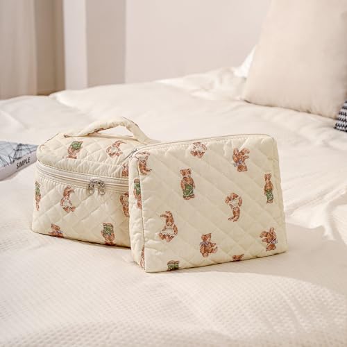 uekeboag 2 pcs Large Floral Quilted Makeup Bag Set for Women, Cotton Quilted Big Cosmetic Bag, Coquette Aesthetic Cute Travel Toiletry Bag