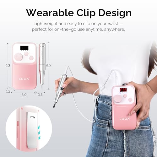 L'UGX Nail Drill Machine 35000RPM ? Rechargeable Electric Nail File with LED Display, Portable Efile Nail Drills for Acrylic Gel Nails, Cordless Nails Drill for Beginners & Pros-Pink
