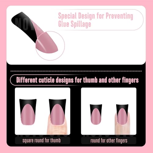 NOVO OVO Halloween Black French Tip Short Duck Nail Tips Press on, BERRY PINK Pre-designed Soft Gel Nail Extension, Extra thick Full Cover Matte Vrial False Nails for Salon DIY x 12 Sizes 240 pcs