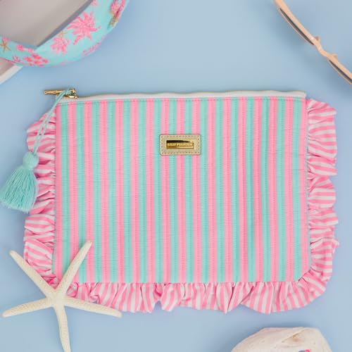 Lilly Pulitzer Quilted Ruffle Zipper Pouch, Cute Pencil Case for Adults, Travel Toiletry Bag, Small Pouch Bag for Supplies, Makeup or Toiletries (Stripe)