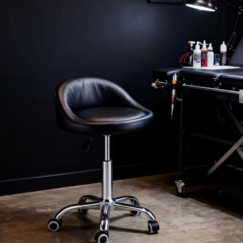 Yuelong Rolling Stool with BackRest and Wheels - Adjustable Height Swivel Stool Chair PU Leather Multi-Purpose Drafting Salon Tattoo Office SPA Shop