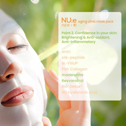 NU:e Aging Care Mask Pack - 8-in-1 Premium Ampoule Formula with 100% Pure Cotton Sheet for Radiant Elasticity & Glow, 30g x 5 Sheets (K-Beauty)