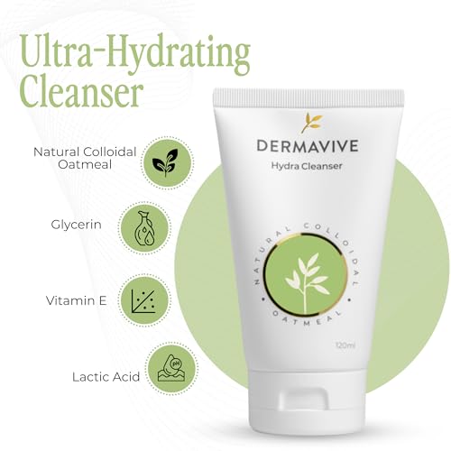 Dermavive Hydrating Facial Cleanser, Soap-Free Gentle Cleanser with Colloidal Oatmeal & Vitamin E, Soothes & Moisturizes Sensitive & Dry Skin, Suitable for All Skin Types, 120ml (4.05oz)