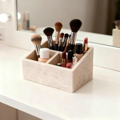 Marble Desk Organizer with 3 Compartments Perfume Organizer & Makeup Brush Holder Toothbrush Holder and Bathroom Counter Organizer White Purple Pattern Modern Design (Beige)