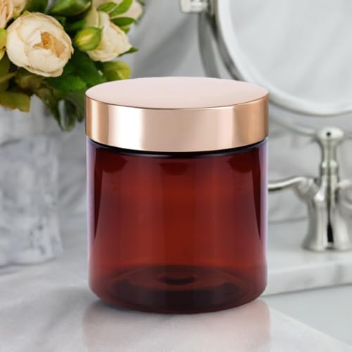 (12 Pack) 8 oz Amber PET Plastic Jar with Luxury Gold Metal Overshell Lid