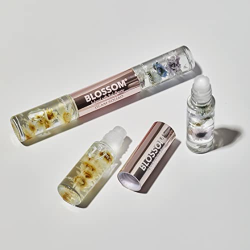 Blossom Lip Gloss & Roll On Perfume for Women, Glam Squad Double Sided Gift Set, Infused with Real Flowers, Bachelorette Gift, Made in USA 0.2oz, Raspberry/Coconut Nectar