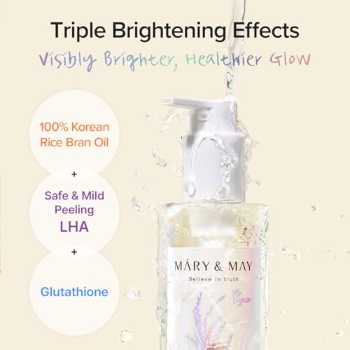 Mary&May Rice + Glutathione LHA Cleansing Oil ? Korean Oil Cleanser for Blackheads & Pores, Waterproof Makeup & Sunscreen Remover, Oil-to-Milk Emulsifying, Exfoliation for Sensitive Skin 6.76 fl oz