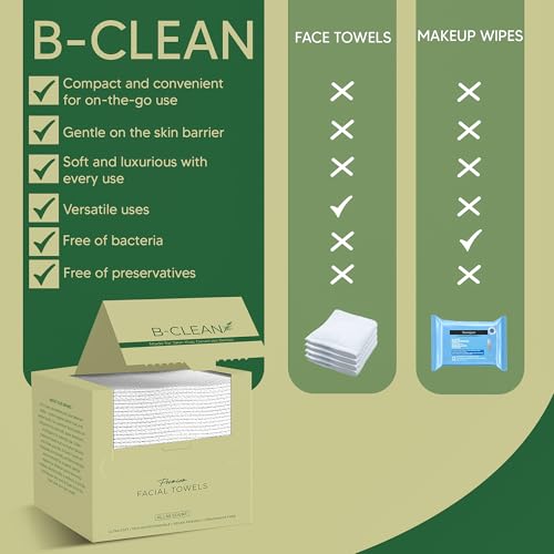 B-Clean Premium Facial Towels - Extra Soft, Tear -Resistant, Lint Free, Disposable, Vegan, Fragrance-Free Hygienic Skincare Towels for Daily Cleansing and Makeup Remover Dry Wipes (50 Count Pack of 4)