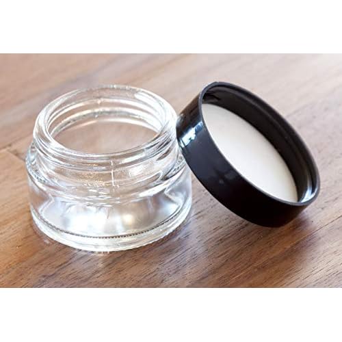 Clear Glass 0.50 oz / 15 ml Low Profile Thick Wall Balm Jars (6 pack, Black Smooth Foam Lined Lids)