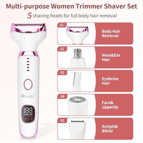 Electric Bikini Trimmer for Women - 5 in 1 Upgraded Body Face Shaver Nose Pubic Hair Trimmer Razors for Women Men Rechargeable Hair Removal Kit for Face Chin Eyebrow Arms Armpit Legs Groomer