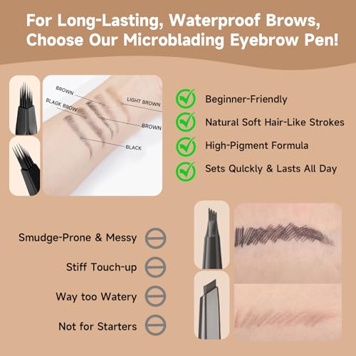 DUDUDU Eyebrow Pen for Women - Dual-Ended Microblading Pen with Multi-Prong Tip & Brow Brush, Waterproof, Creates Realistic 4D Hair-Like Strokes, Long-Lasting Light Brown