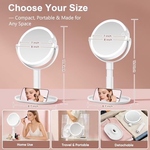 Lighted Makeup Mirror with 10X Magnification, Rechargeable LED Magnifying Vanity Mirror with 3 Lights, Adjustable Height, Storage Base and Phone Holder, Gift for Women, White, 7 inch