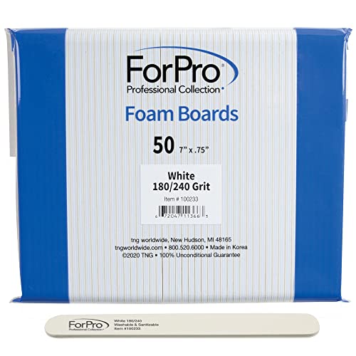 ForPro White Foam Board, 180/240 Grit, Mylar Manicure and Pedicure Nail File, 7¡± L x .75¡± W, 50-Count