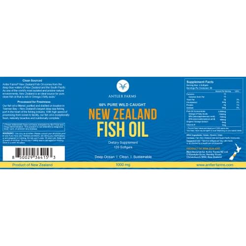 Antler Farms - 100% Pure Wild Caught New Zealand Fish Oil from Deep Ocean, Cold Water Fish, 120 Softgels - Clean, Fresh Omega-3 EPA + DHA Supplement, Keto Friendly, Super Clean
