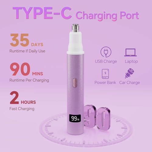 Nose Hair Trimmer for Women, 4-in-1 Electric Eyebrow Trimmer with LED Display, Painless & Waterproof Facial Hair Removal, USB-C Rechargeable Hair Shaver Razor for Nose Ear Eyebrow Peach-Fuzz Lips Chin