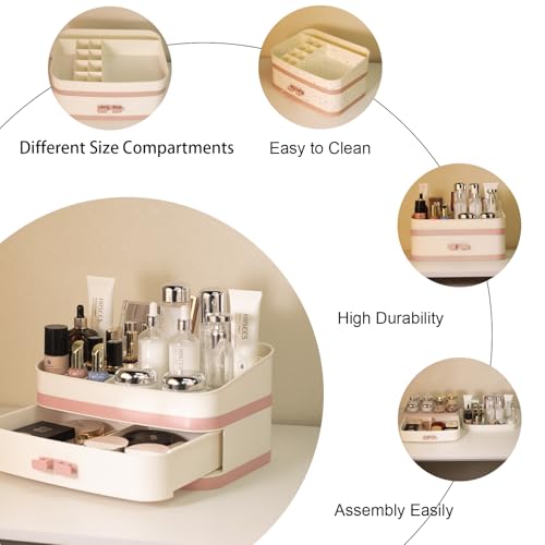 Large Makeup Organizer Countertop, Stackable Vanity Organizer with Drawer Cosmetic Organizer Tray, Make Up Organizers for Vanity, Makeup Storage Counter(Light Pink)