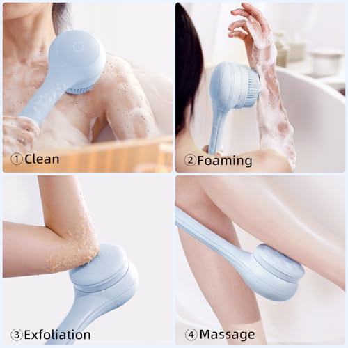 Electric Body Brush Back Scrubber for Shower + Descaling Brush Head, Sky Blue