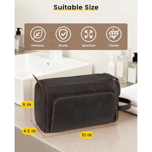 Vorspack Genuine Leather Toiletry Bag for Men - Water Resistant Travel Bag for Toiletries, Essentials, Accessories - Dark Brown