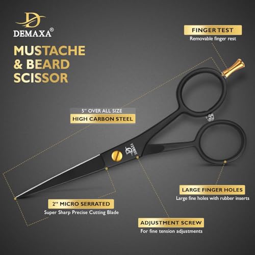 5" Professional Beard Scissors for men Mustache Scissors with 1 Mustache Comb, 1 Beard Comb & Soft Pouch ? Prefect Beard shears mustache kit for All Facial Hair ? moustache Grooming kit for Men
